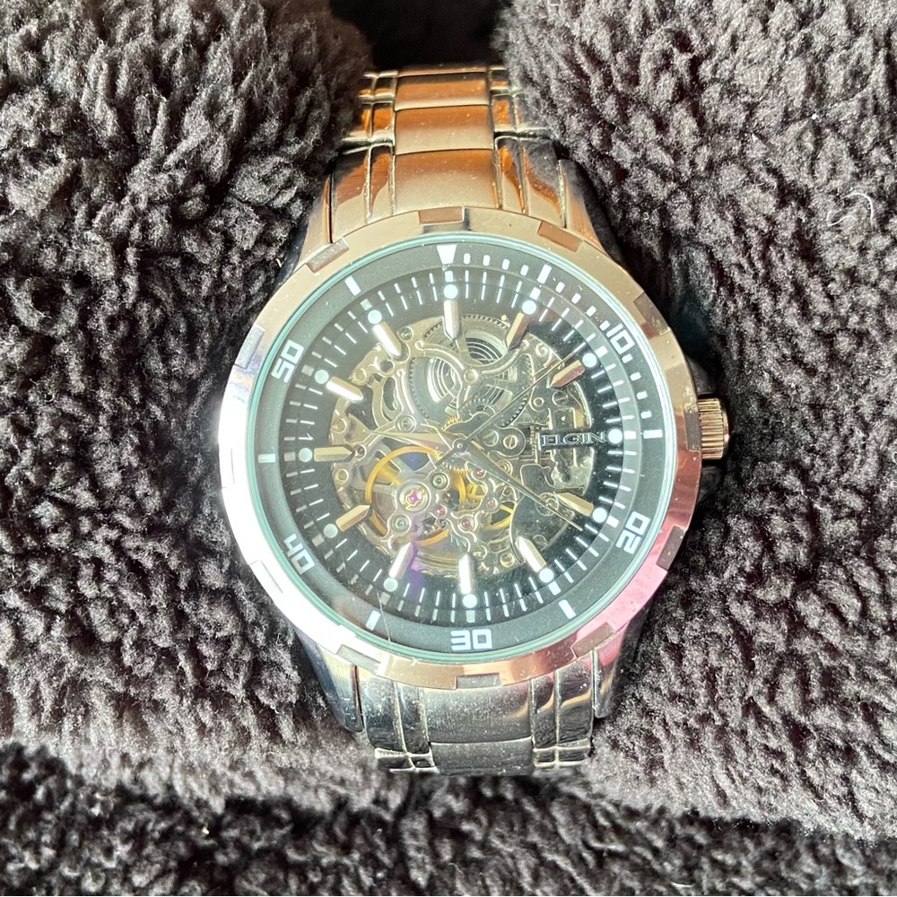 Elgin Silver Stainless Steel Automatic Men’s Skeleton Watch FG8030